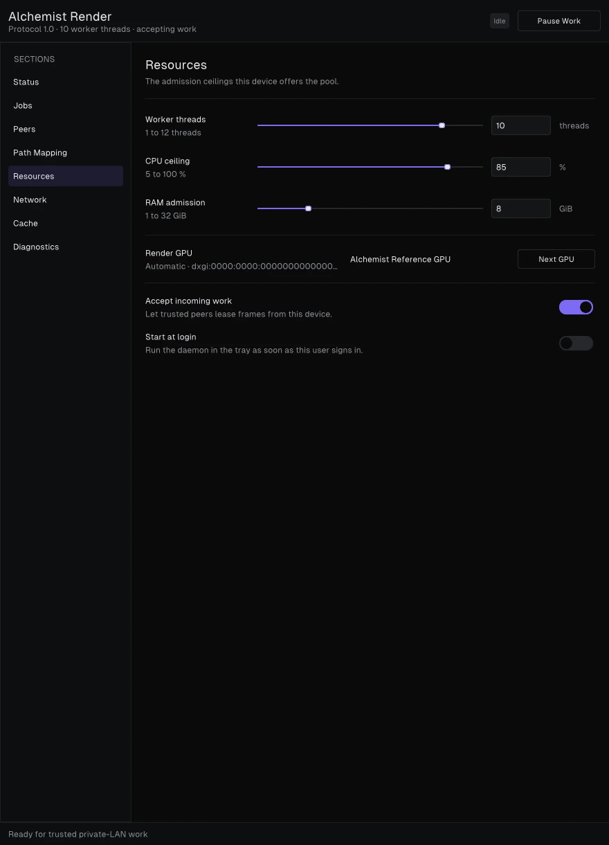 Actual Alchemist Render native manager showing worker resource controls